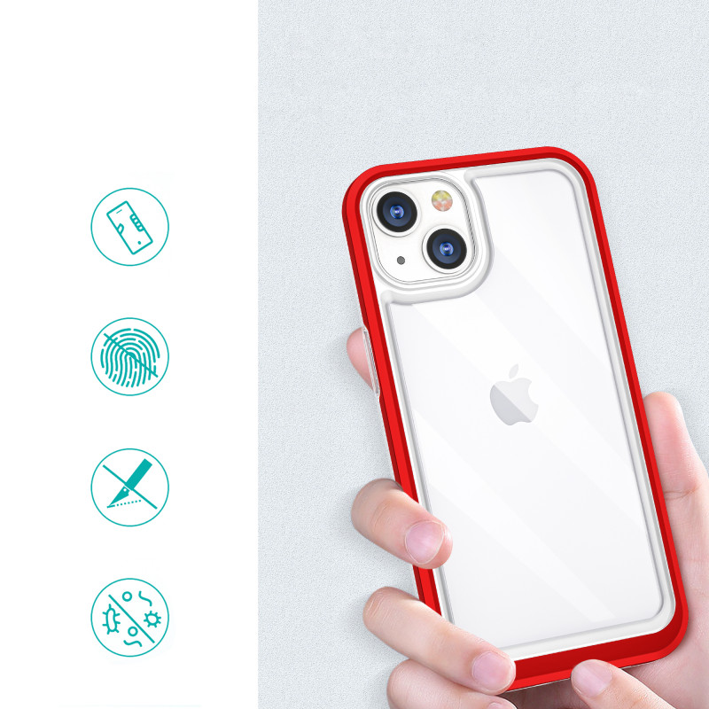 Skaidrus 3in1 dėklas skirtas iPhone 13, gelinis dangtelis su raudonu rėmeliu
