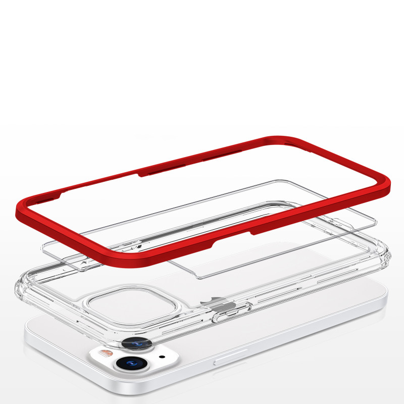 Skaidrus 3in1 dėklas skirtas iPhone 13, gelinis dangtelis su raudonu rėmeliu