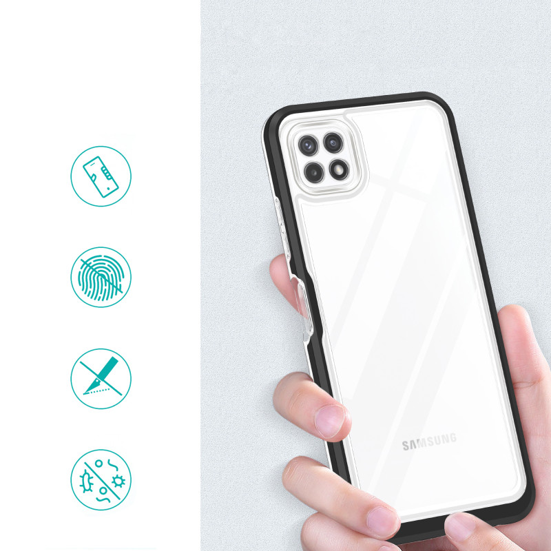 Skaidrus 3in1 dėklas Samsung Galaxy A22 5G gelio dangtelis su juodu rėmeliu