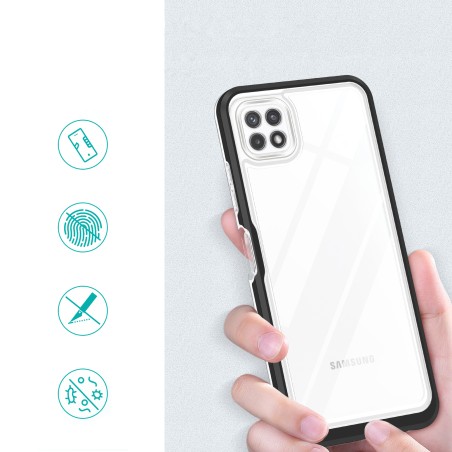 Skaidrus 3in1 dėklas Samsung Galaxy A22 5G gelio dangtelis su juodu rėmeliu Skaidrus 3in1 dėklas Samsung Galaxy A22 5G gelio dangtelis su juodu rėmeliu