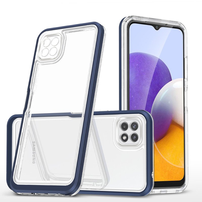 Skaidrus 3in1 dėklas, skirtas Samsung Galaxy A22 5G gelio dangtelis su mėlynu rėmeliu