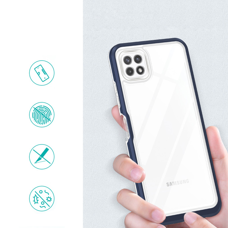 Skaidrus 3in1 dėklas, skirtas Samsung Galaxy A22 5G gelio dangtelis su mėlynu rėmeliu