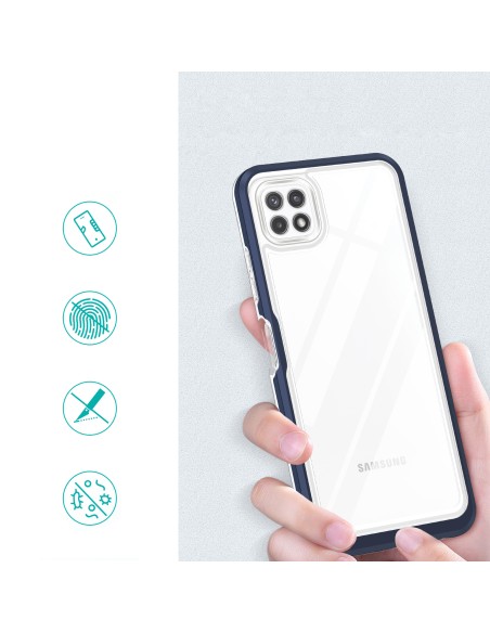 Skaidrus 3in1 dėklas, skirtas Samsung Galaxy A22 5G gelio dangtelis su mėlynu rėmeliu Skaidrus 3in1 dėklas, skirtas Samsung Galaxy A22 5G gelio dangtelis su mėlynu rėmeliu