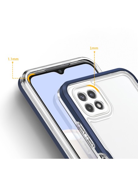 Skaidrus 3in1 dėklas, skirtas Samsung Galaxy A22 5G gelio dangtelis su mėlynu rėmeliu Skaidrus 3in1 dėklas, skirtas Samsung Galaxy A22 5G gelio dangtelis su mėlynu rėmeliu
