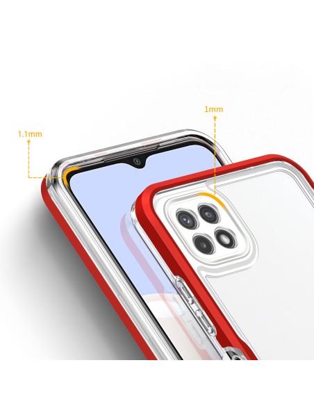 Skaidrus 3in1 dėklas, skirtas Samsung Galaxy A22 5G gelio dangtelis su raudonu rėmeliu Skaidrus 3in1 dėklas, skirtas Samsung Galaxy A22 5G gelio dangtelis su raudonu rėmeliu