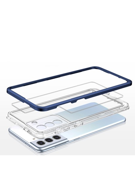 Skaidrus 3 viename dėklas, skirtas Samsung Galaxy S21+ 5G (S21 Plus 5G) gelio dangtelis su mėlynu rėmeliu