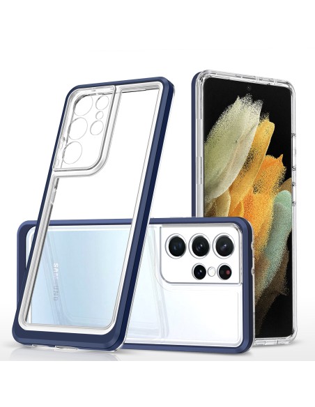 Skaidrus 3in1 dėklas, skirtas Samsung Galaxy S21 Ultra 5G gelio dangtelis su mėlynu rėmeliu