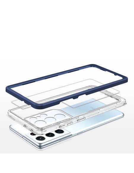 Skaidrus 3in1 dėklas, skirtas Samsung Galaxy S21 Ultra 5G gelio dangtelis su mėlynu rėmeliu