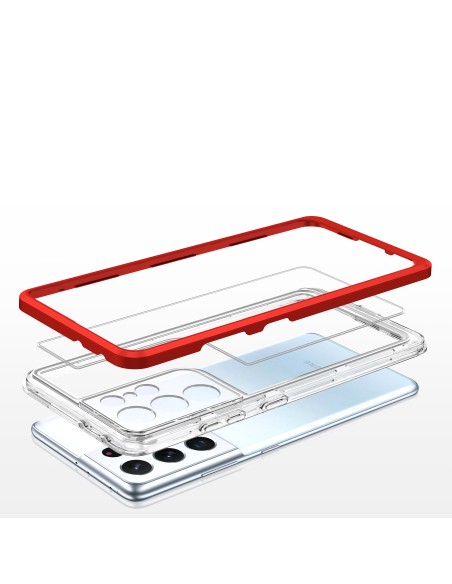 Skaidrus 3in1 dėklas, skirtas Samsung Galaxy S21 Ultra 5G gelio dangtelis su raudonu rėmeliu