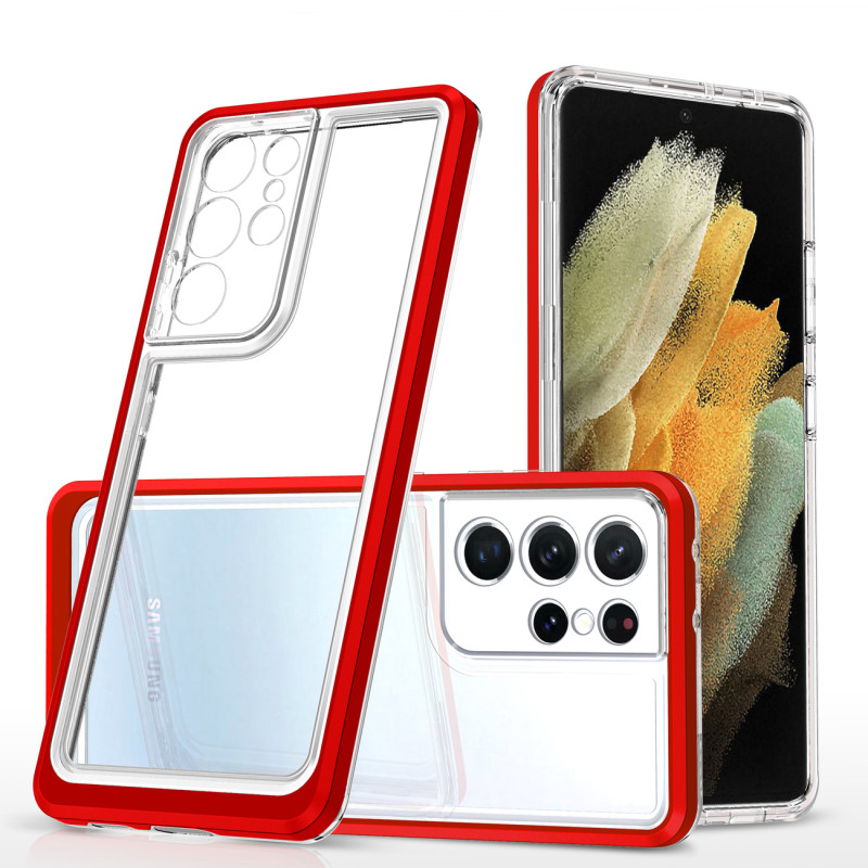 Skaidrus 3in1 dėklas skirtas Samsung Galaxy S22 Ultra gelio dangtelis su raudonu rėmeliu Skaidrus 3in1 dėklas skirtas Samsung Galaxy S22 Ultra gelio dangtelis su raudonu rėmeliu