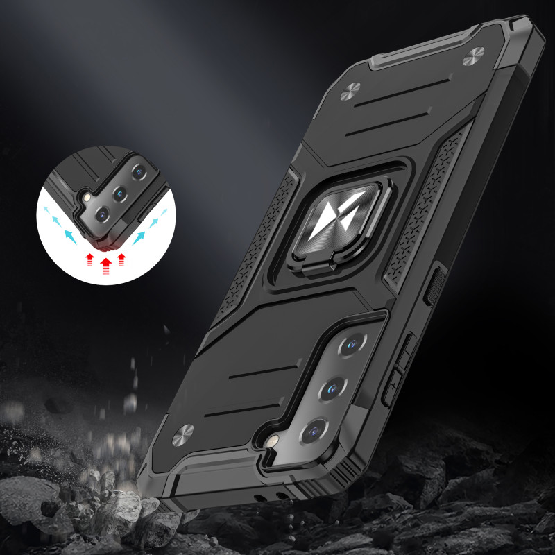 Wozinsky Ring Armor šarvuotas hibridinis dėklo dangtelis + magnetinis laikiklis Samsung Galaxy S22 juodas
