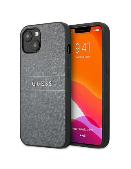 Guess GUHCP13MPSASBGR iPhone 13 6.1" pilka/ pilka Saffiano dirželis Guess GUHCP13MPSASBGR iPhone 13 6.1" pilka/ pilka Saffiano dirželis