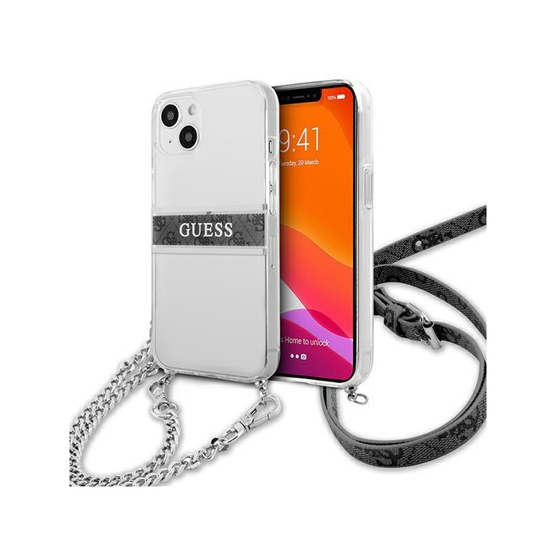 Guess 4G Grey Strap Silver Chain dėklas iPhone 13 mini - skaidrus