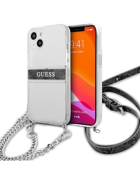 Guess 4G Grey Strap Silver Chain dėklas iPhone 13 mini - skaidrus Guess 4G Grey Strap Silver Chain dėklas iPhone 13 mini - skaidrus