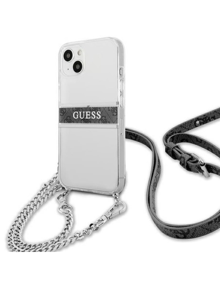 Guess 4G Grey Strap Silver Chain dėklas iPhone 13 mini - skaidrus Guess 4G Grey Strap Silver Chain dėklas iPhone 13 mini - skaidrus
