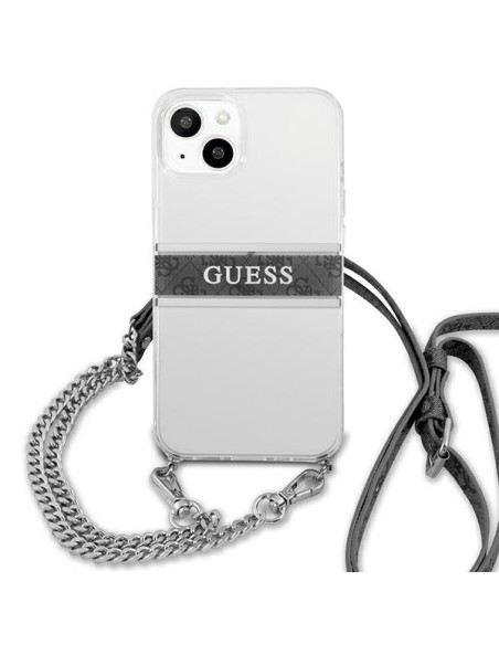 Guess 4G Grey Strap Silver Chain dėklas iPhone 13 mini - skaidrus Guess 4G Grey Strap Silver Chain dėklas iPhone 13 mini - skaidrus