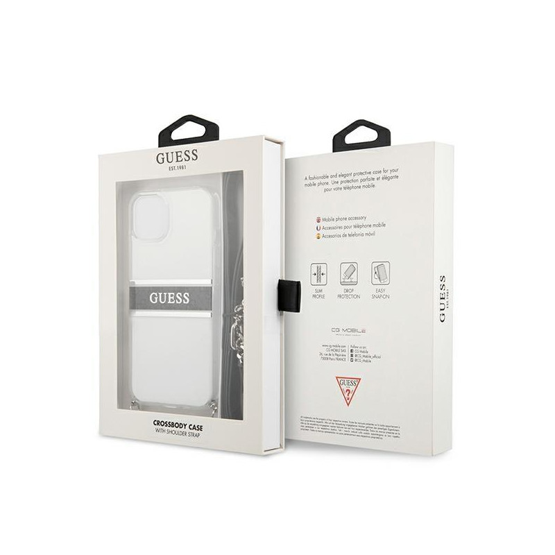 Guess 4G Grey Strap Silver Chain dėklas iPhone 13 mini - skaidrus