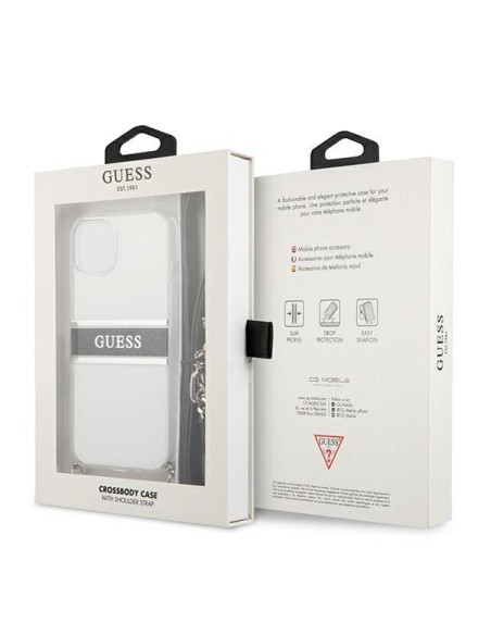 Guess 4G Grey Strap Silver Chain dėklas iPhone 13 mini - skaidrus Guess 4G Grey Strap Silver Chain dėklas iPhone 13 mini - skaidrus