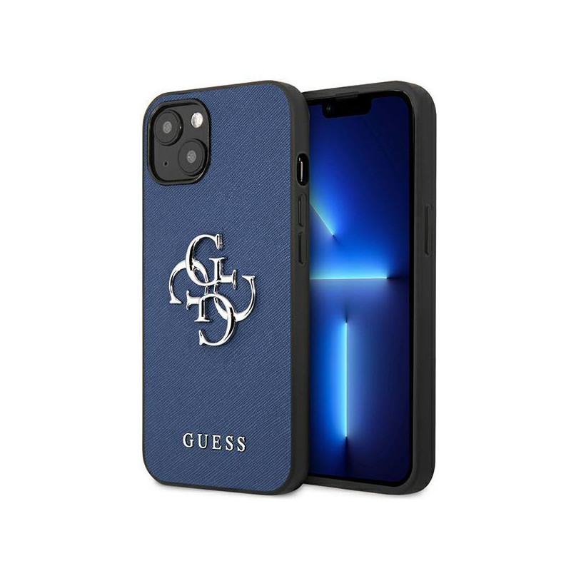 Guess Saffiano 4G metalinis logotipo dėklas iPhone 13 mini - mėlynas