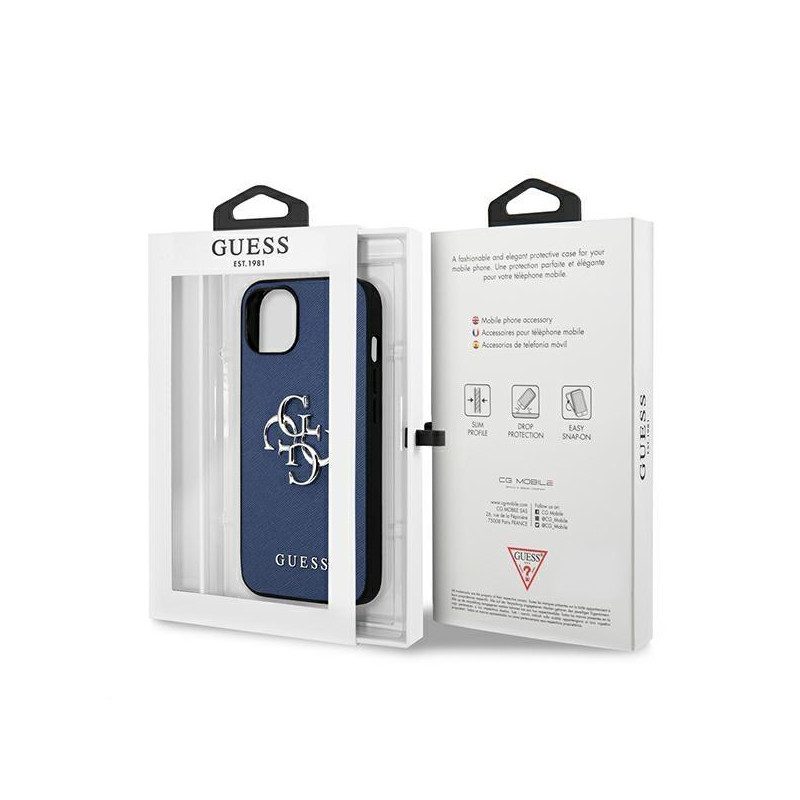 Guess Saffiano 4G metalinis logotipo dėklas iPhone 13 mini - mėlynas
