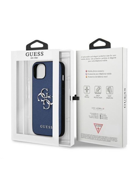 Guess Saffiano 4G metalinis logotipo dėklas iPhone 13 mini - mėlynas Guess Saffiano 4G metalinis logotipo dėklas iPhone 13 mini - mėlynas