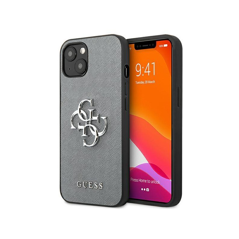 Guess Saffiano 4G metalinis logotipo dėklas iPhone 13 mini - pilkas