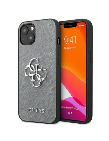 Guess Saffiano 4G metalinis logotipo dėklas iPhone 13 mini - pilkas Guess Saffiano 4G metalinis logotipo dėklas iPhone 13 mini - pilkas