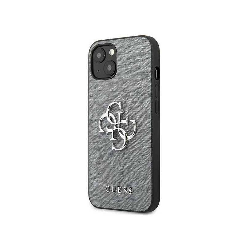Guess Saffiano 4G metalinis logotipo dėklas iPhone 13 mini - pilkas