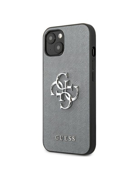 Guess Saffiano 4G metalinis logotipo dėklas iPhone 13 mini - pilkas Guess Saffiano 4G metalinis logotipo dėklas iPhone 13 mini - pilkas