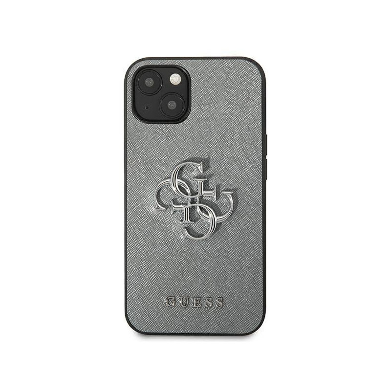 Guess Saffiano 4G metalinis logotipo dėklas iPhone 13 mini - pilkas