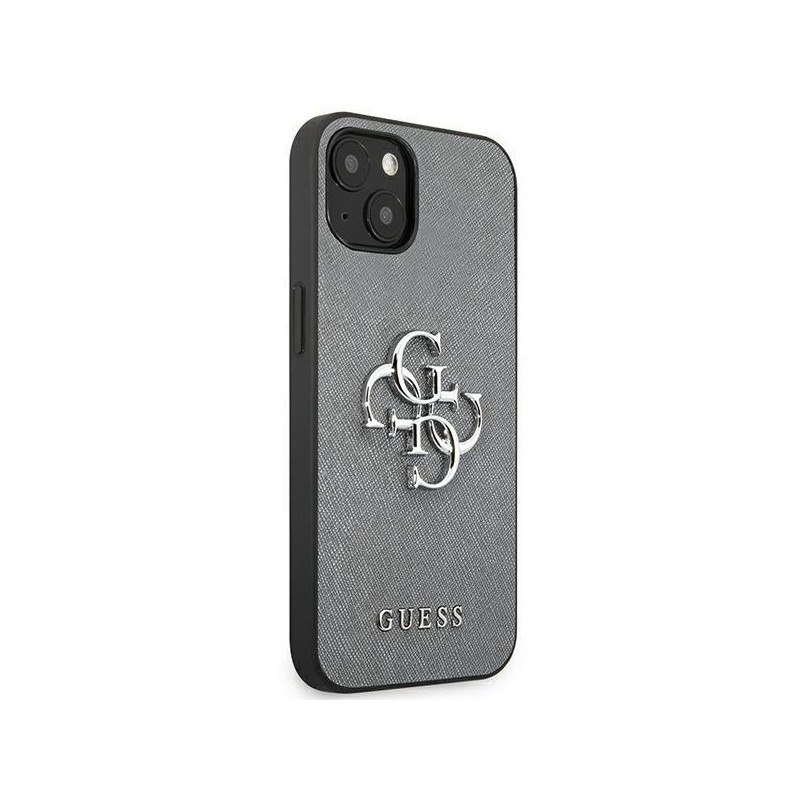 Guess Saffiano 4G metalinis logotipo dėklas iPhone 13 mini - pilkas