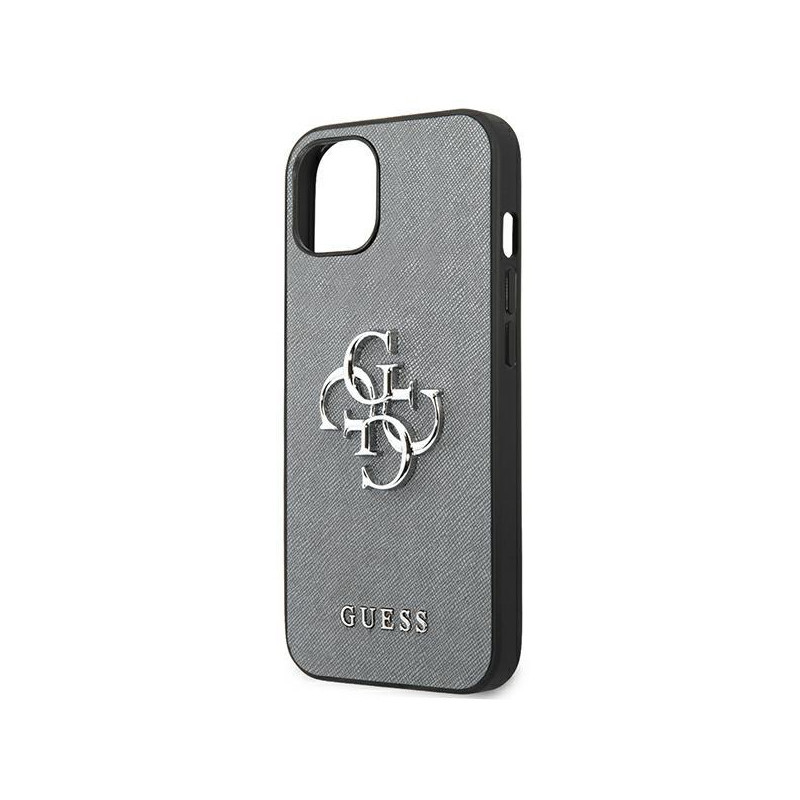 Guess Saffiano 4G metalinis logotipo dėklas iPhone 13 mini - pilkas