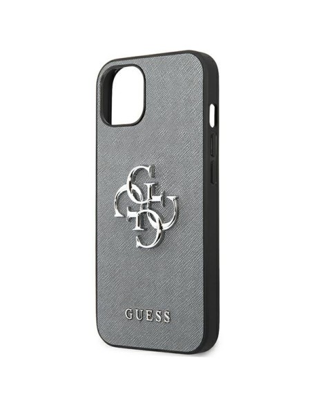 Guess Saffiano 4G metalinis logotipo dėklas iPhone 13 mini - pilkas Guess Saffiano 4G metalinis logotipo dėklas iPhone 13 mini - pilkas