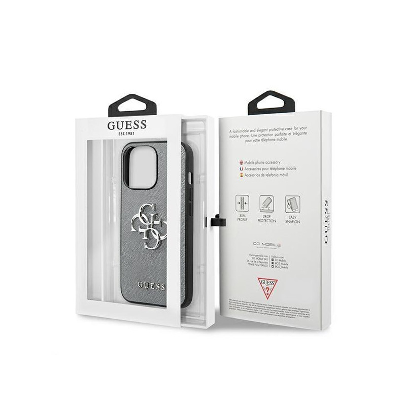 Guess Saffiano 4G metalinis logotipo dėklas iPhone 13 mini - pilkas
