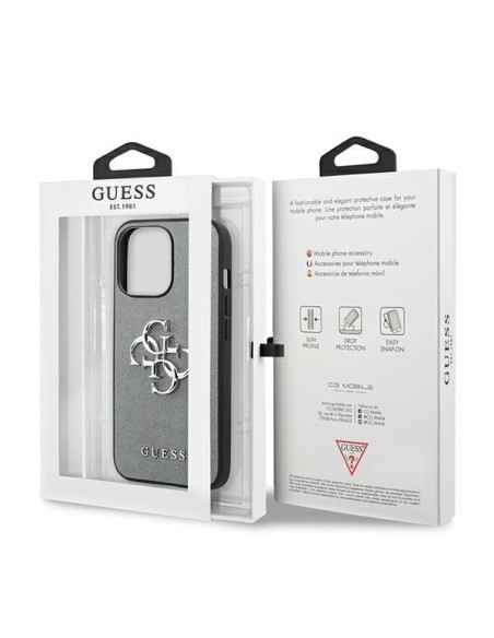 Guess Saffiano 4G metalinis logotipo dėklas iPhone 13 mini - pilkas Guess Saffiano 4G metalinis logotipo dėklas iPhone 13 mini - pilkas
