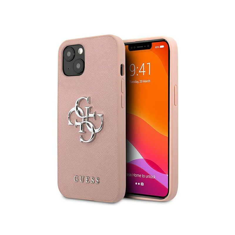 Guess Saffiano 4G metalinis logotipo dėklas iPhone 13 mini - rožinis