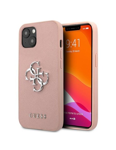 Guess Saffiano 4G metalinis logotipo dėklas iPhone 13 mini - rožinis Guess Saffiano 4G metalinis logotipo dėklas iPhone 13 mini - rožinis