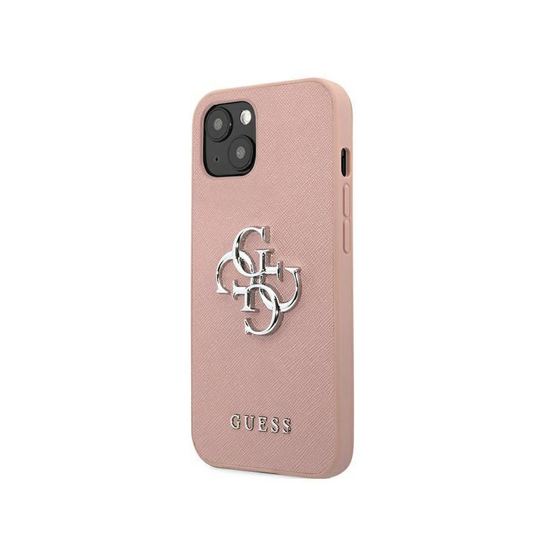 Guess Saffiano 4G metalinis logotipo dėklas iPhone 13 mini - rožinis