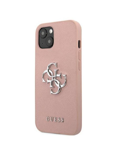 Guess Saffiano 4G metalinis logotipo dėklas iPhone 13 mini - rožinis Guess Saffiano 4G metalinis logotipo dėklas iPhone 13 mini - rožinis