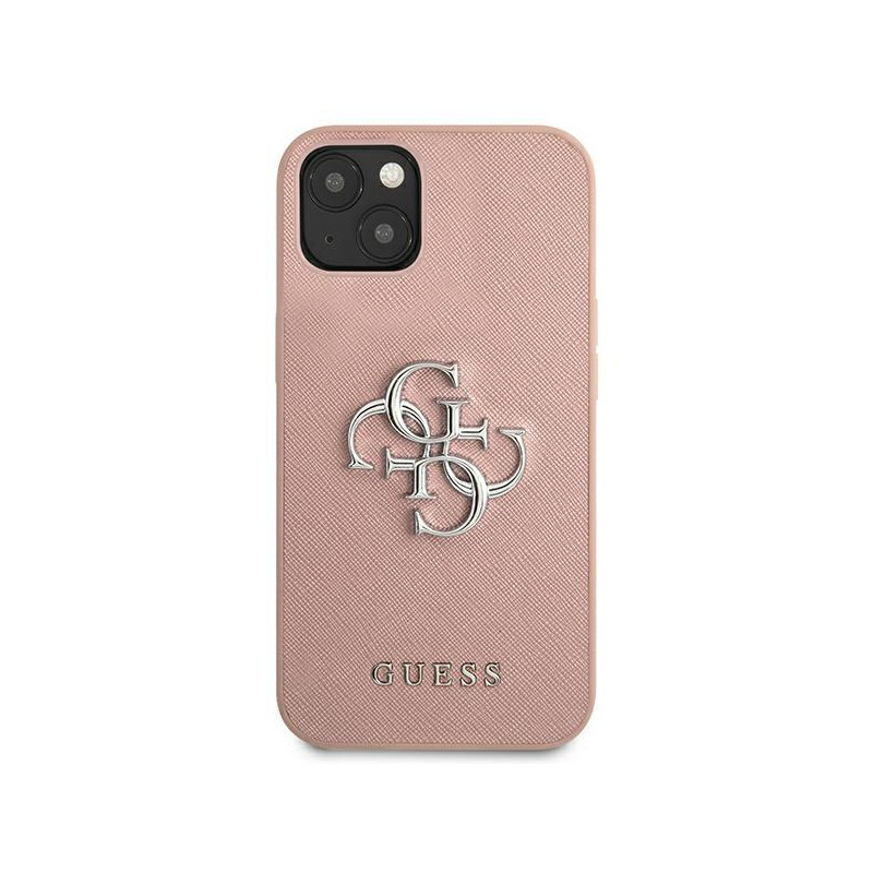 Guess Saffiano 4G metalinis logotipo dėklas iPhone 13 mini - rožinis
