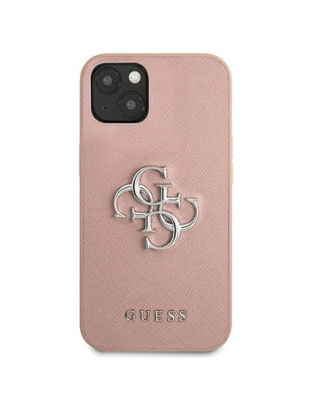 Guess Saffiano 4G metalinis logotipo dėklas iPhone 13 mini - rožinis Guess Saffiano 4G metalinis logotipo dėklas iPhone 13 mini - rožinis