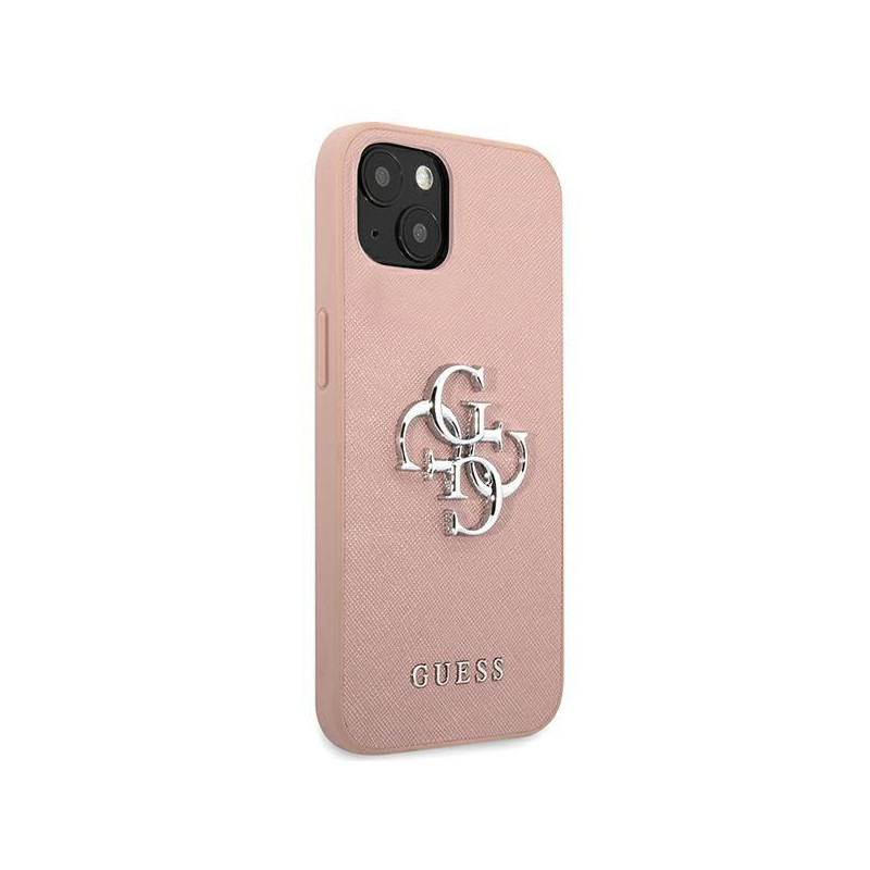 Guess Saffiano 4G metalinis logotipo dėklas iPhone 13 mini - rožinis