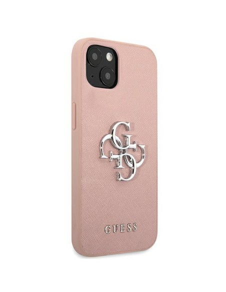 Guess Saffiano 4G metalinis logotipo dėklas iPhone 13 mini - rožinis Guess Saffiano 4G metalinis logotipo dėklas iPhone 13 mini - rožinis