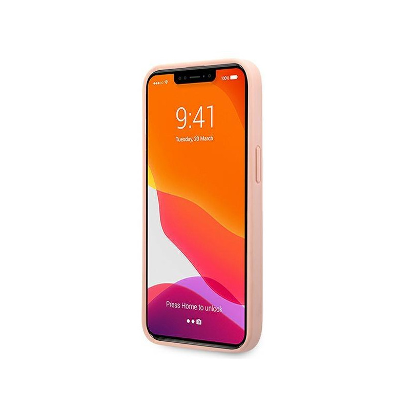 Guess Saffiano 4G metalinis logotipo dėklas iPhone 13 mini - rožinis
