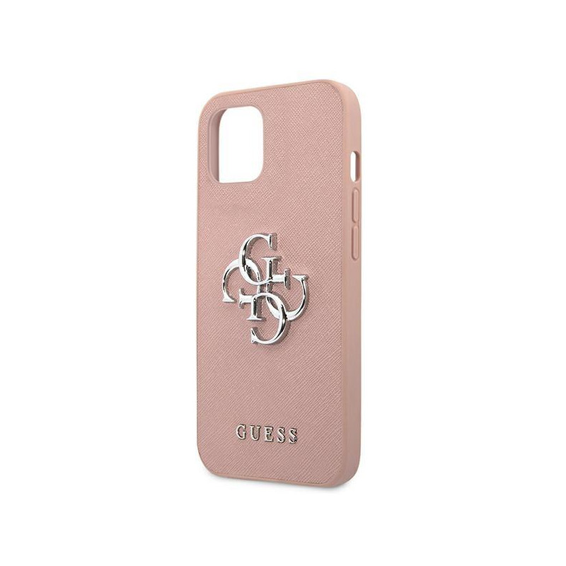 Guess Saffiano 4G metalinis logotipo dėklas iPhone 13 mini - rožinis