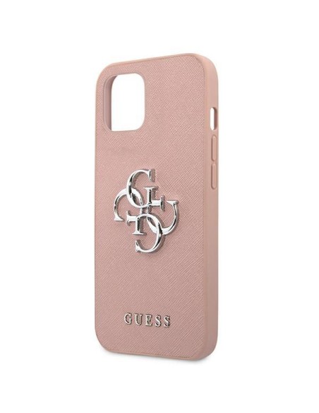 Guess Saffiano 4G metalinis logotipo dėklas iPhone 13 mini - rožinis Guess Saffiano 4G metalinis logotipo dėklas iPhone 13 mini - rožinis