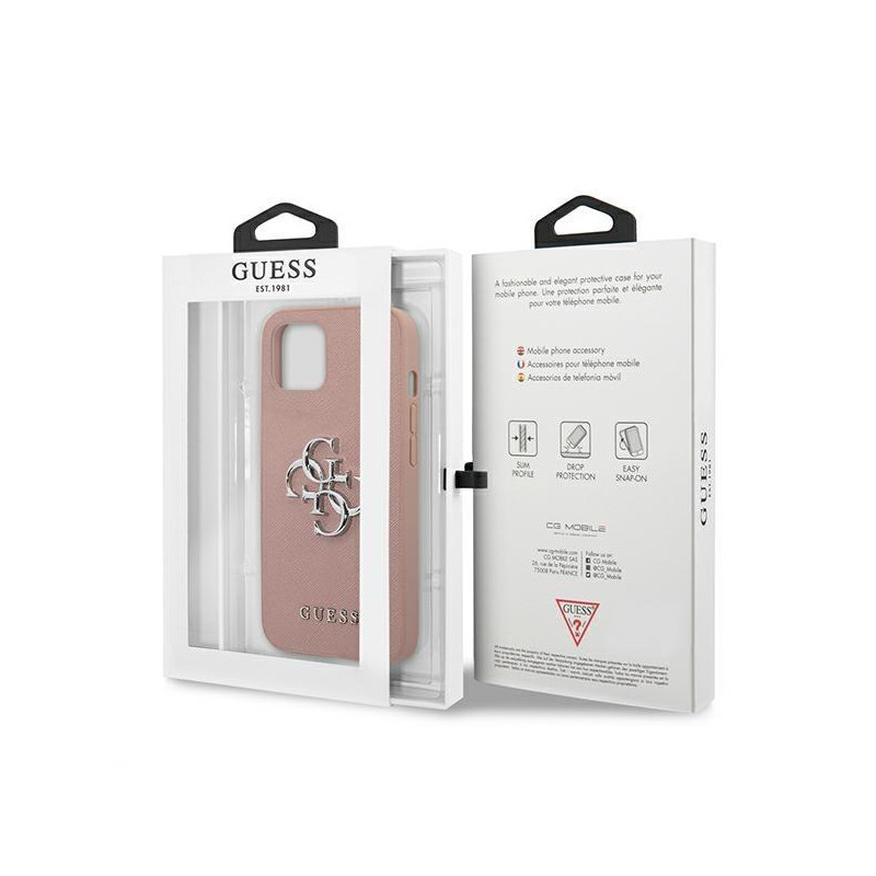 Guess Saffiano 4G metalinis logotipo dėklas iPhone 13 mini - rožinis