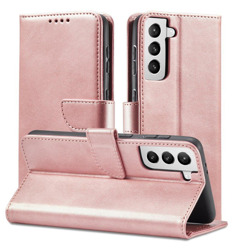 Magnet Case elegantiškas dėklas su atvartu ir stovo funkcija, skirta Samsung Galaxy S22+ (S22 Plus) rožinės spalvos