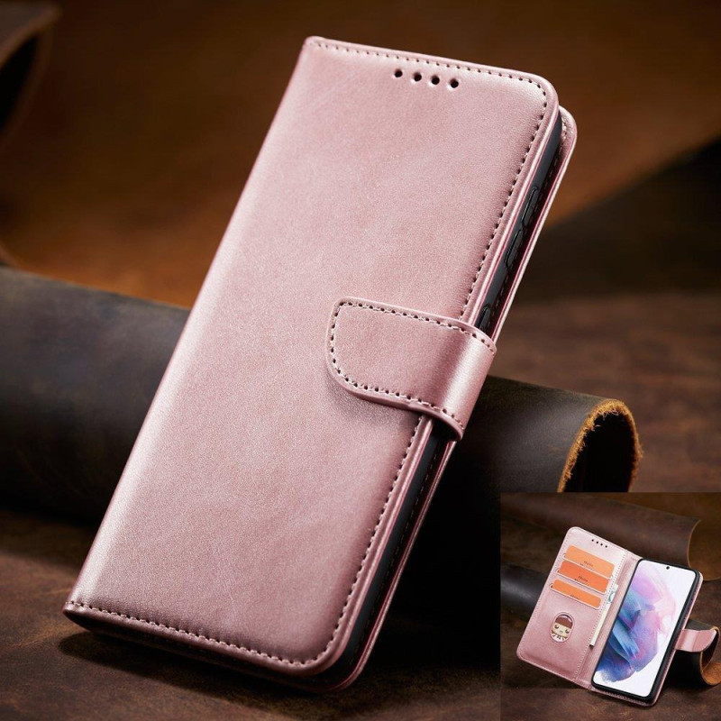 Magnet Case elegantiškas dėklas su atvartu ir stovo funkcija, skirta Samsung Galaxy S22+ (S22 Plus) rožinės spalvos