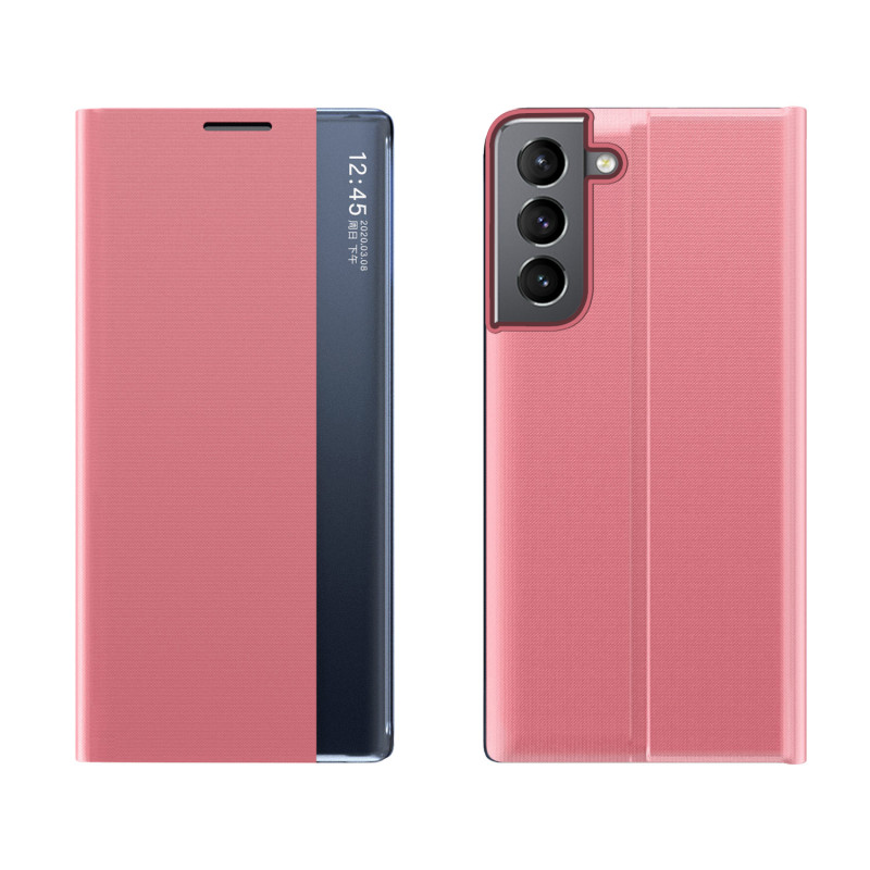 Naujas Sleep Case dangtelis su atvartu ir stovo funkcija, skirta Samsung Galaxy S22+ (S22 Plus) rožinei